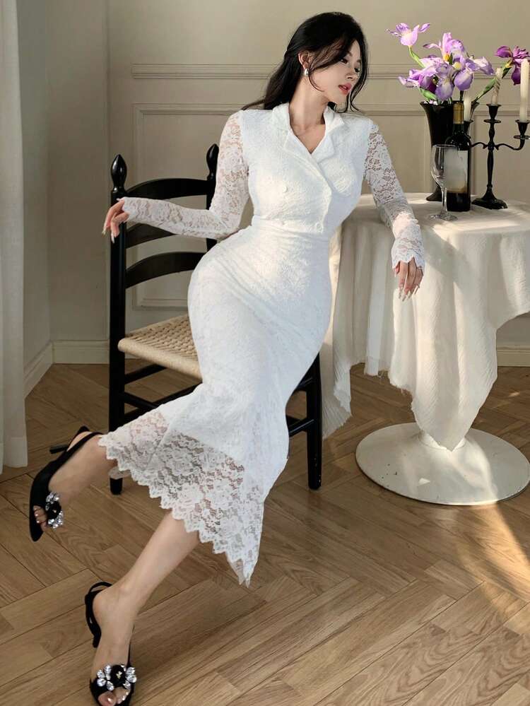 Spring & Summer Floral Lace Dress, Fashion Party Cocktail Gown, Elegant Slim Fit Sheer Mesh Patchwork Midi Dress For Wedding, Banquet, Formal Occasions Wedding Guest Dress Sundress