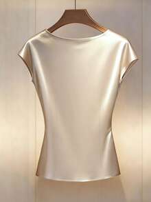 Franclia 女士简约圆领珍珠袖衬衫，优雅休闲 - 杏色 - 查看 2