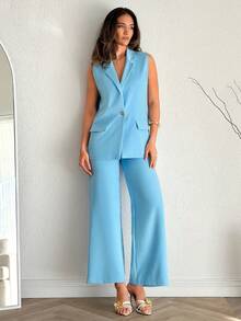 EURMUSE Women Solid Color Vest And Wide Leg Pant Suit Sets - Blue - View 6