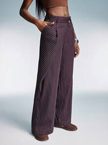 GENKIRA 复古不对称条纹高腰宽松阔腿休闲直筒女裤 - 紫色 - 查看 6