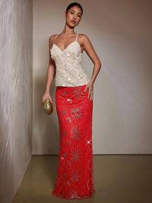 SHEIN BAE 女士刺绣亮片半身裙，夏季派对时尚之选 - 紅色 - 查看 5