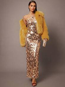 Silquee Sexy Sequin Solid Color Halter Elegant Bodycon Dress - Champagne - View 3