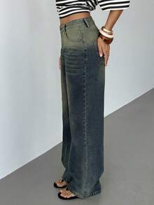 Aloruh 女士直筒宽松休闲口袋牛仔裤，百搭 - 藍色 - 查看 4