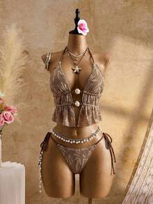 Bellisia Women's Summer Beach Ruffled Hollow Out Halter Tie Sexy Bikini Swimsuit Set Brown Bikini Set Boho Bikini Set Brown Two Piece Set Women Brown Bathing Suit Women Beach 2 Piece Set 2026 For School,Suitable For Holiday, Date, Afternoon Tea, Western, Cruise, Beach, Island, Road Trip, All Seasons, Music Festival, Boho Vacation,Bohemian Vacation, Chill Autumn ,Western Boho ,Elegant Tops For Women - Multicolor - View 1