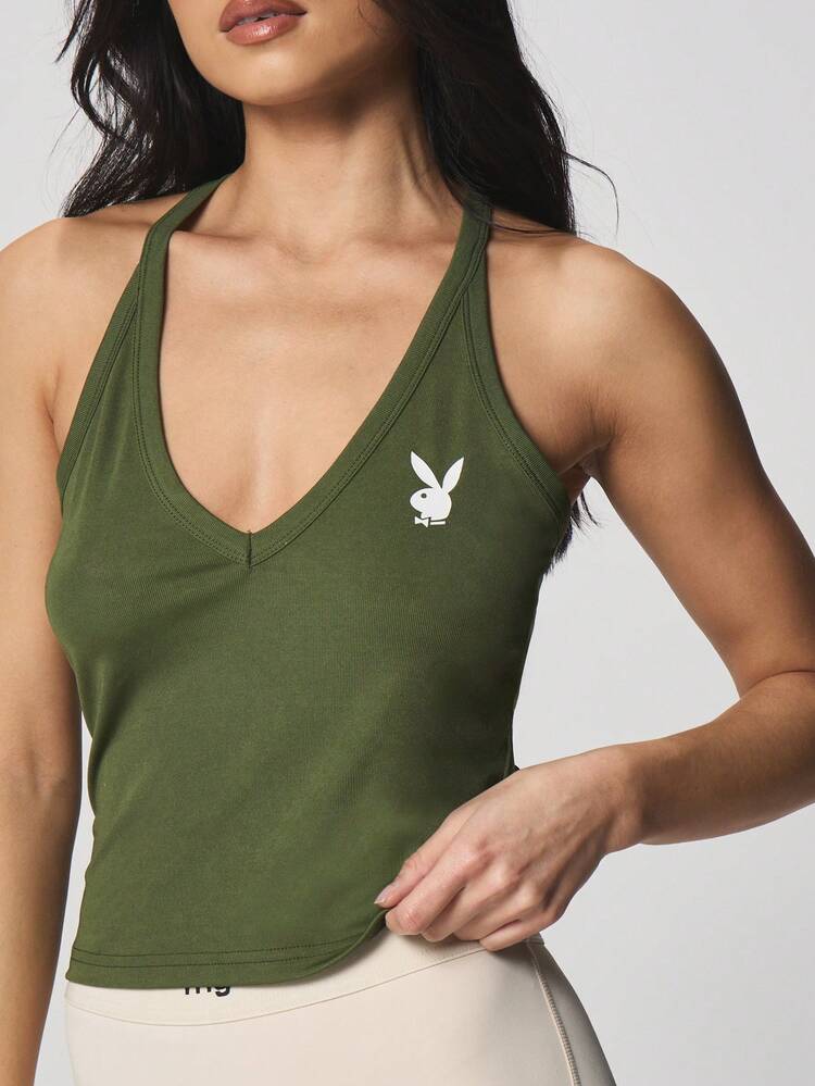Missguided x Playboy Olive Ribbed V-Neck Tank Top With Bunny Logo Classic Sleeveless Tank Top Casual Summer Basic