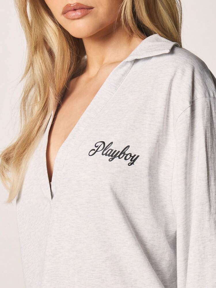 Missguided x Playboy Oversized Polo Collared Long Sleeve Top With Embroidered Logo Script Casual Relaxed Fit Button Front Women