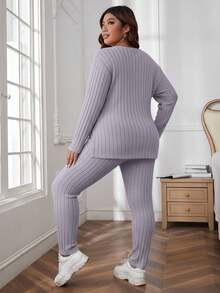 SHEIN Cottnline Plus Size Comfortable Knit Ribbed 2 Pieces Set - Lilac Purple - View 2