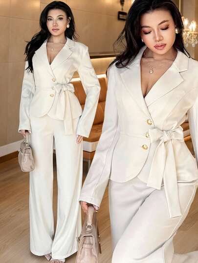 Modelyn Elegant Metal Buckle Strap Women's Suit Set, Office Wear Two Pieces Set Women Elegant 2 Pieces Sets Woman Classy Pant Suits For Wedding White Suits For Woman Women Suit Set