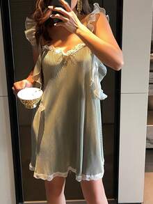 DAZY 浪漫褶皱面料珠光荷叶边短款吊带连衣裙，女士夏季款 - 綠色 - 查看 8