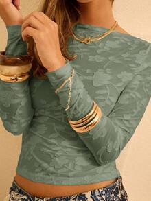 Aralina 女士镂空船领长袖修身时尚T恤 - 橄欖綠 - 查看 3