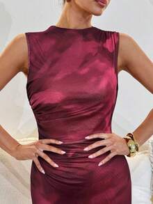 Lavishia Red Abstract Print Sleeveless Bodycon Midi Dress, Suitable For Summer - Red Violet - View 5