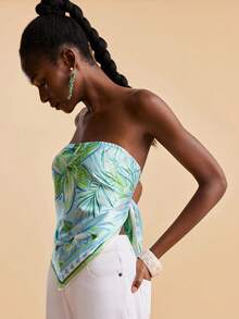 Travachic Áo ống dáng suông họa tiết hoa, vạt lệch, kiểu dáng thường ngày. - Màu xanh lam - Xem 4