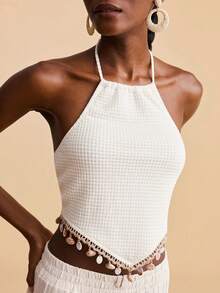 Travachic Women's Vacation Shell Trim Asymmetric Hem Halter Top - White - View 5