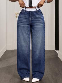 Slaydiva Women's High Waist Pockets Wide Leg Loose Casual Jeans - Blue - View 4