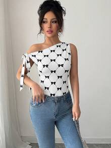 SHEIN Elenzya Tie Shoulder Bowknot Tight-Fitting Bestselling White Base Black Butterfly Print Casual T-Shirt - Black and White - View 3