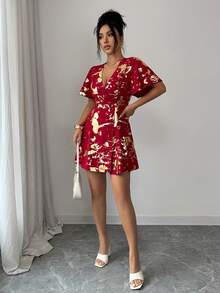 Rafferiza Elegant Elastic Waist Cinched Waist Apricot & Gold Crossover Button Front Ruffle Hem Butterfly Sleeve Front Slit Hem Cropped Dress For Women - Red - View 4