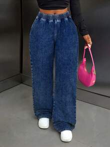 SHEIN Tall 休闲弹力腰直筒水洗牛仔裤 - 中等水洗藍 - 查看 3