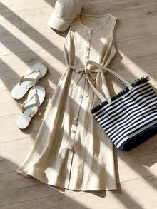 Breezaya 女士休闲纯色前扣无袖连衣裙，夏季 - 杏色 - 查看 3