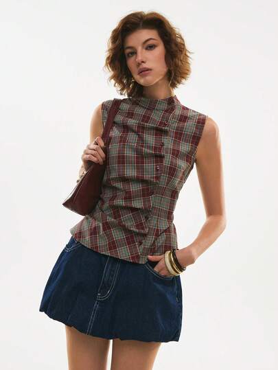 Poéselle 女士时尚褶皱红色格子无袖上衣，夏季