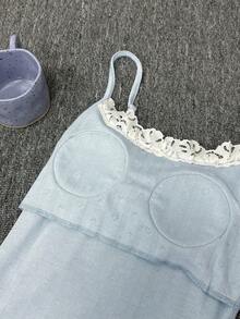 DAZY Áo camisole nữ chất liệu vải dệt kim jacquard họa tiết trái tim, phối ren màu tương phản, có đệm mút. - Màu xanh lam - Xem 7