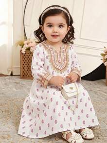 Baby Girl Loose Casual Minimalist Long Sleeve Pattern Long Dress - Multicolor - View 5