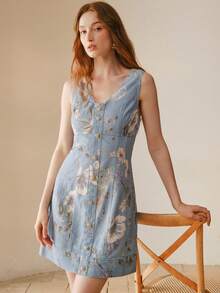 MOTF PREMIUM 花卉印花纽扣装饰牛仔连衣裙 - 彩色 - 查看 7