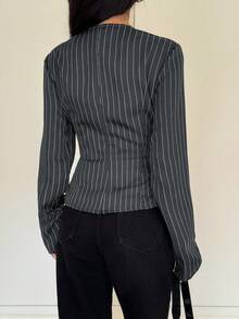 Siren Gaze 女士条纹束腰长袖衬衫，秋冬款 - 深灰色 - 查看 2