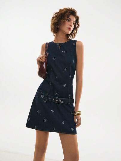 Poéselle 女士蝴蝶结装饰圆领无袖时尚牛仔连衣裙