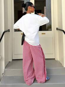 Muchica Women's Casual Lobster Print T-Shirt & Plaid Pants 2 Pieces Set, Summer - Red and White - View 2