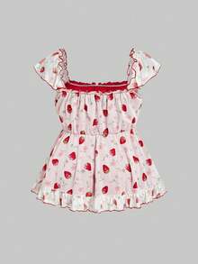 ROMWE Kawaii 大码女式可爱“娃娃衬衫”草莓印花，撞色蕾丝，度假风，适合春夏穿着 - 粉色 - 查看 2