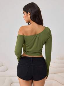 Aidyla Olive Green Asymmetric-Shoulder Ruched Drawstring Tie Sexy Casual T-Shirt For Women - Green - View 2