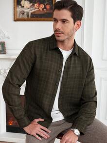 Core Aspect Camisa casual de manga larga con textura de jacquard de unicolor para hombre, otoño - Verde militar - Ver 7