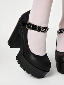 ROMWE Grunge Punk Giày cao gót đế dày, màu trơn, chất liệu vải sần, gợi cảm dành cho nữ, thích hợp đi hộp đêm, dự tiệc. Giày cao gót Mary Jane thời trang xuân/thu, trang trí dây xích kim loại, thoải mái khi đi làm, công sở. - màu đen - Xem 3