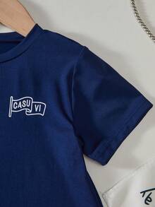 SHEIN Casuvi Kids 时尚休闲童装春夏女童单件蓝色舒适圆领字母印花短袖条纹编织连衣裙，可爱休闲学院风蝴蝶结装饰，适合外出、度假和日常穿着。 - 彩色 - 查看 8