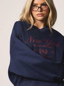 MISSGUIDED 女士海军蓝V领卫衣，纽约曼哈顿印花长袖套头衫，秋冬季休闲舒适上衣 - 寶藍色 - 查看 5