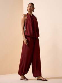 Zivah 2026 Spring/Summer New Music Festival, Easter, St. Patrick's Day, Valentine's Day, Date, Western, Nomadic, Birthday Party, Graduation, College, Student, Daily Wear, Basic Versatile, Casual, Vacation, Cruise Travel, Beach, Sunbathing, Viral , Streetwear, Wedding Guest Boho, Commute, Brunch, Airport, Party, Holiday Outing, Office Wear Sleeveless Vest Top And Linen Brown Drawstring Pants 2-Piece Set - Brown - View 4