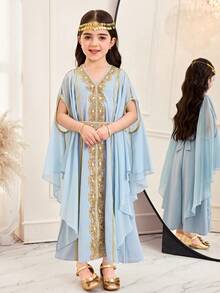 SHEIN Young Girl Applique Decor V-Neck Batwing Sleeve Elegant Dress  Elegant Retro Dress, Gorgeous Print Pattern, Casual Minimalist Young Girls Dress Suitable For Spring And Summer, Prayer Abaya, Easy Comfort, Casual Wear, Vacay Vibes, Modest Kaftan, Jalabiya Girls Matching Dresses فستان فساتين جلابياتفساتين بنات جلابياتjalabiya  عباياتabaya Abaya الملابس التقليدية العربية  جلابيةjalabiya قفطان - Blue - View 1