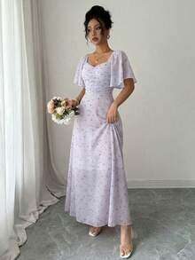 Modelyn Women's Lavender Chiffon Floral Print Batwing Sleeve Ruched Sweet French Style Summer Dress - Mauve Purple - View 4