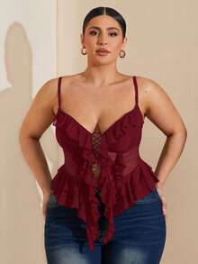 SHEIN BAE Áo hai dây lưới xếp ly cỡ lớn dành cho nữ, thích hợp cho lễ Phục sinh, lễ tốt nghiệp, đi club, mùa xuân, mùa hè, đêm lễ hội, sinh nhật, đám cưới, kỳ nghỉ, buổi hòa nhạc. - Màu Đỏ Sâu - Xem 6