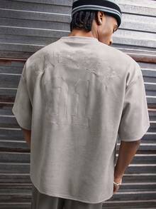 AXEPEAK Men's Letter Embroidery Round Neck Casual Loose T-Shirt - Light Grey - View 3