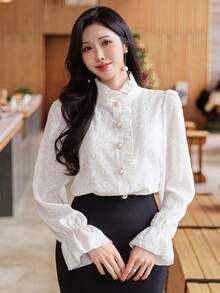 DAZY Áo kiểu nữ thanh lịch màu trơn ren tay phồng, tay dài, thích hợp mặc mùa xuân/hè, dự tiệc cưới. - Màu be - Xem 3