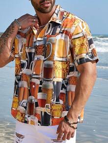 ResortEase 男士加大码啤酒印花短袖纽扣衬衫，适合度假、海滩穿着，男士度假衬衫，男士夏威夷印花衬衫，男士夏季衬衫 - 彩色 - 查看 5
