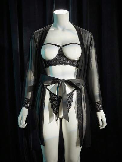 SpicyHot 4件套加大码性感无钢圈蕾丝网纱内衣套装