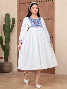 SHEIN جلابياتjalabiya Tween Girls' Fashionable & Elegant Square Neck Short Sleeve Dress Kids Arabic Dress Girls Modest Dress - White - View 4