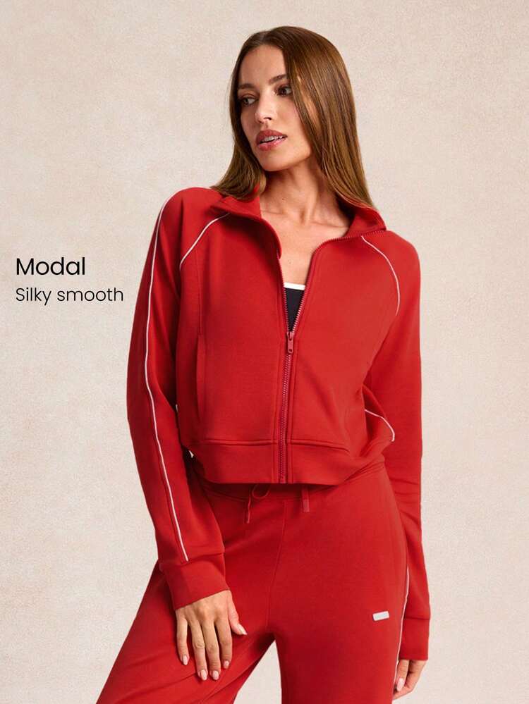 SoftCalm Modal Contrast Piping Waist-Length Thumbholes Fitted Zip-Up Sweatshirt Daily Casual Wear Spring Summer