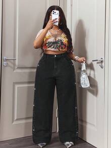 Slaydiva Quần jeans nữ cỡ lớn cạp cao có túi, đính đá, ống rộng, dáng suông, phong cách thường ngày. - màu đen - Xem 6