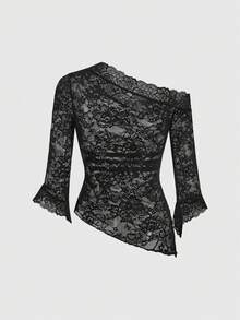 ROMWE Goth Gotische Spitze asymmetrische Schulter Glockenärmel Bluse mit Taillenbindung - Schwarz - Übersicht 2