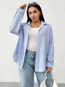 SHEIN CURVE+ 大码女装春夏时尚休闲宽松舒适日常百搭显瘦蓝色纽扣长袖衬衫，后开衩，春季穿搭，女士衬衫，简约风格，工作上衣，条纹衬衫 - 藍色 - 查看 5