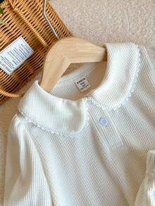 Genkimix Kids Young Girl 2pcs Set: Cute Beige Bubble-Sleeve Polo Collar Top With Matching Lace-Trimmed Midi Skirt, Polo Set For Summer, Suitable For School, Outings, Gatherings & More - Apricot - View 2