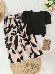 SHEIN LMoss Kids 两件套女童针织纯色圆领休闲T恤和梭织碎花休闲裤套装 - 杏色 - 查看 3